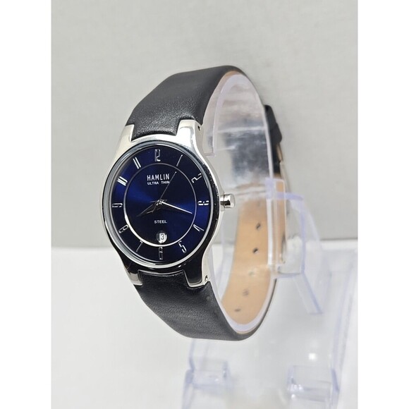 Hamlin Ultra Thin Steel Blue Dial Date Quartz 100 Ft Water Resistant New Battery - Picture 2 of 11